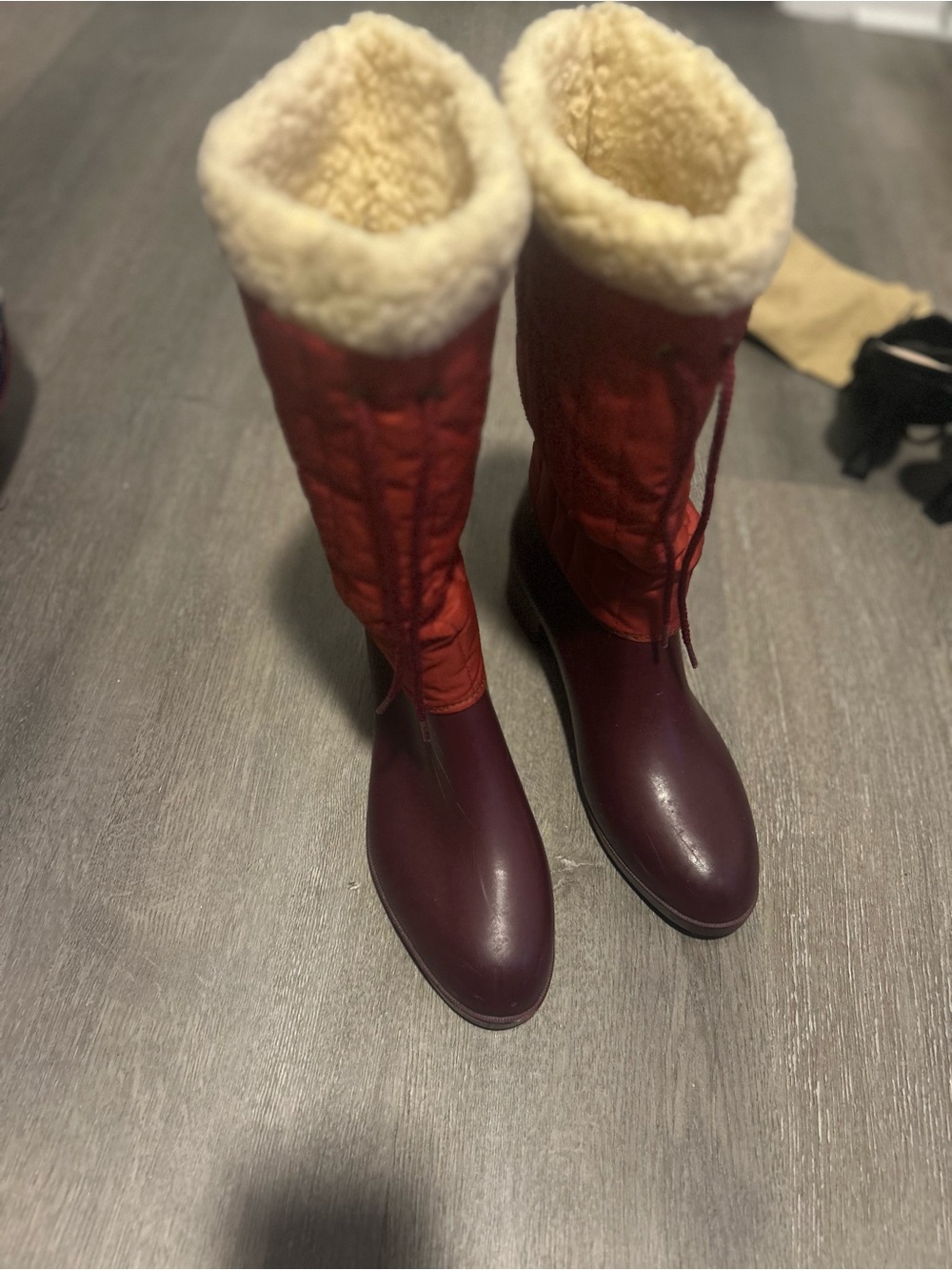 Women's Red Quilted Tall Winter Boots with Shearling Collar